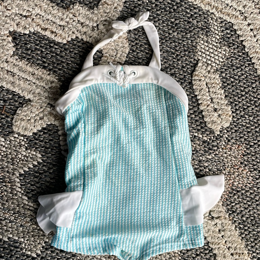 Blue teal and white striped 6-9 months swimsuit Jane and Jack